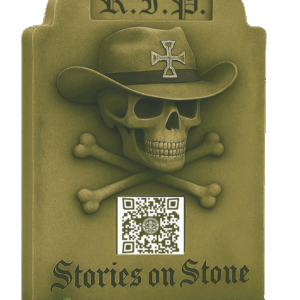 Tombstone featuring a skull wearing a cowboy hat, crossed bones