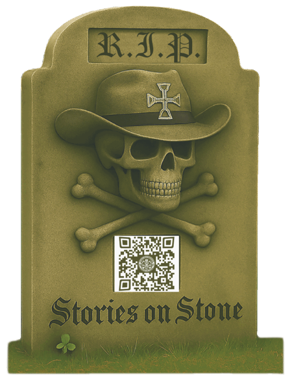 Tombstone featuring a skull wearing a cowboy hat, crossed bones
