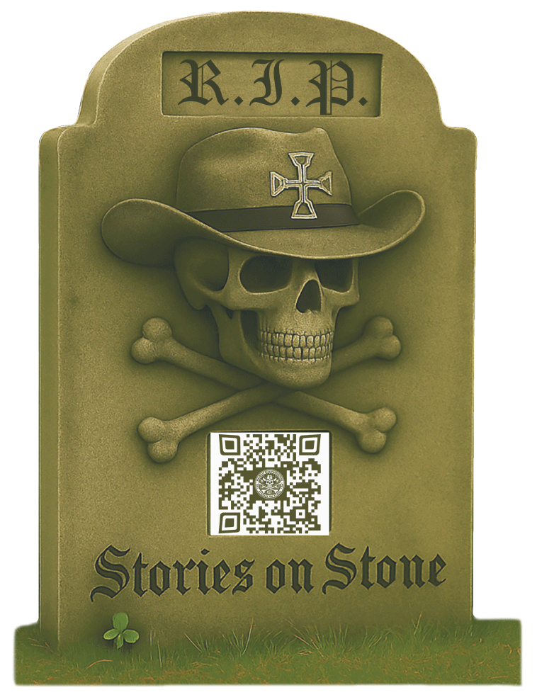 Tombstone featuring a skull wearing a cowboy hat, crossed bones